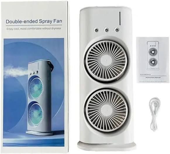 Double-Ended Spray Water Mist Fan – Dual Fan Cooling with 90° Rotation, RGB Lights, and Strong Brushless Motor – USB Powered Desktop Air Cooler | 16 Inches