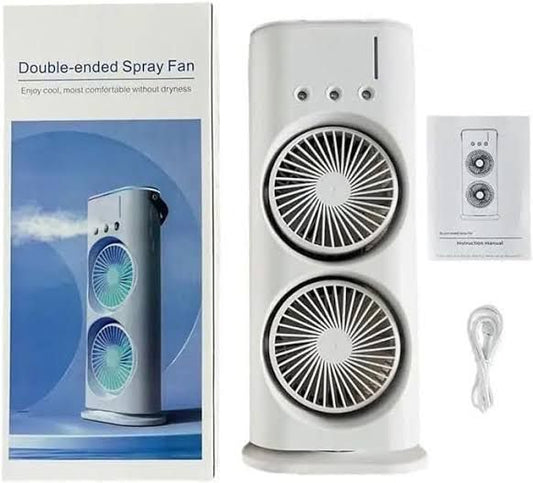 Double-Ended Spray Water Mist Fan – Dual Fan Cooling with 90° Rotation, RGB Lights, and Strong Brushless Motor – USB Powered Desktop Air Cooler | 16 Inches