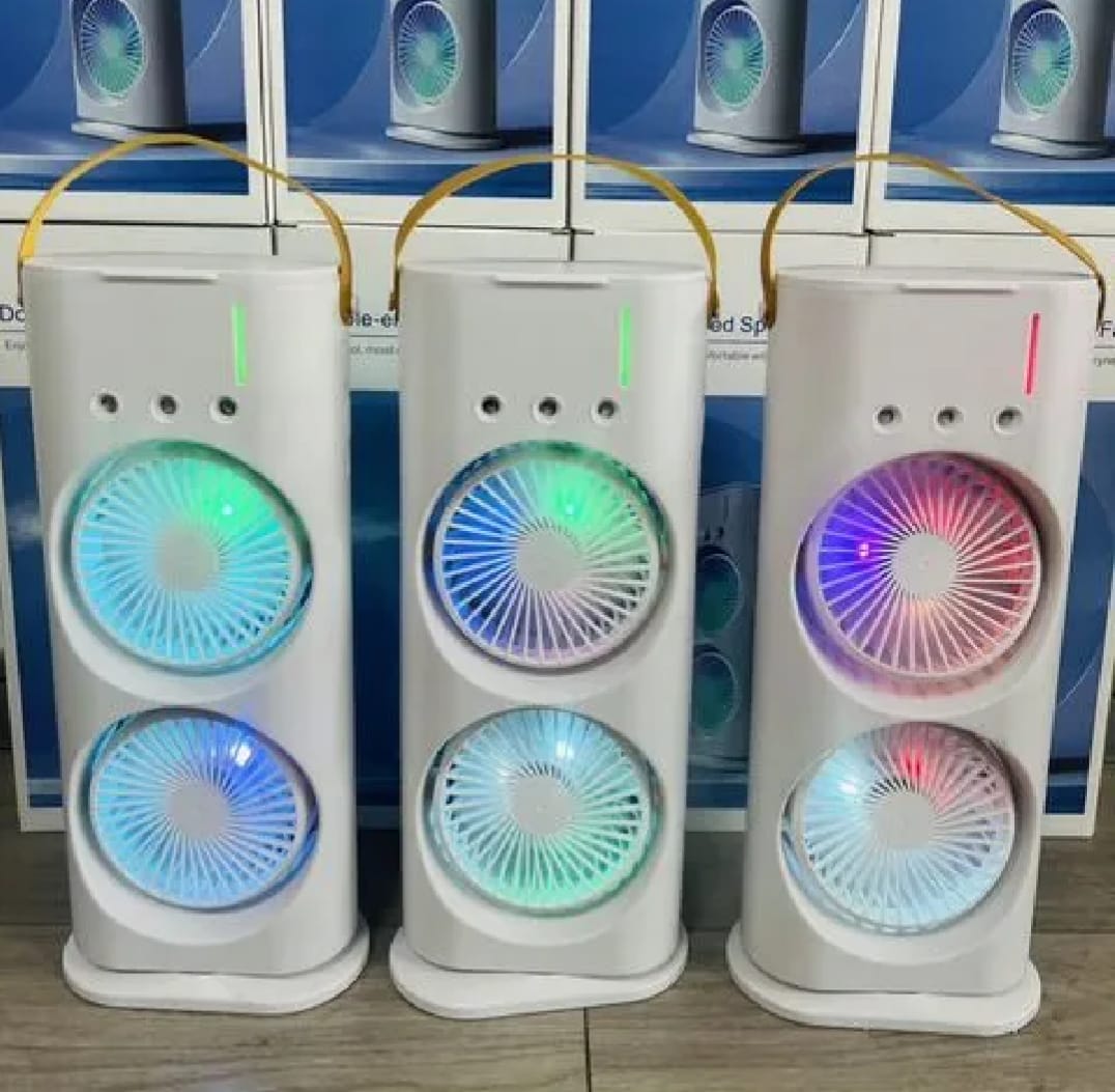 Double-Ended Spray Water Mist Fan – Dual Fan Cooling with 90° Rotation, RGB Lights, and Strong Brushless Motor – USB Powered Desktop Air Cooler | 16 Inches
