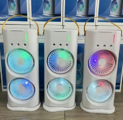 Double-Ended Spray Water Mist Fan – Dual Fan Cooling with 90° Rotation, RGB Lights, and Strong Brushless Motor – USB Powered Desktop Air Cooler | 16 Inches