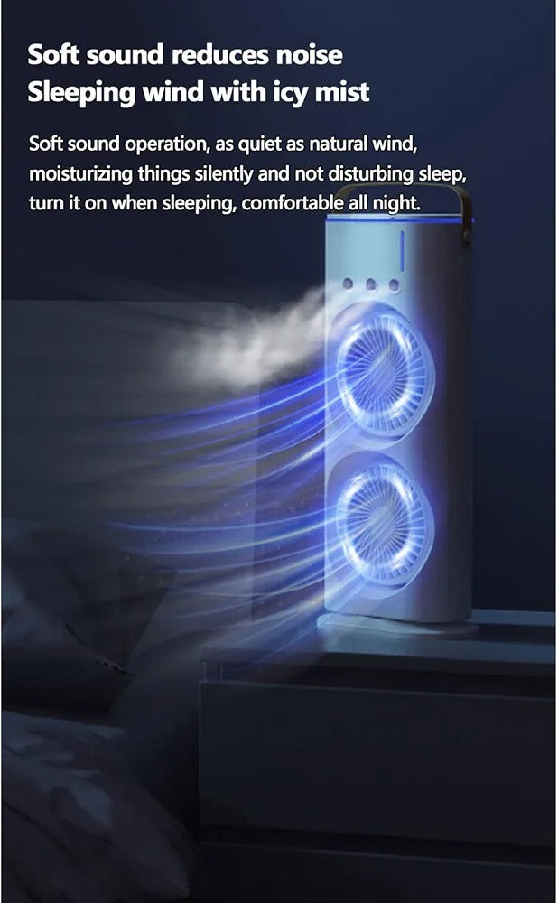 Double-Ended Spray Water Mist Fan – Dual Fan Cooling with 90° Rotation, RGB Lights, and Strong Brushless Motor – USB Powered Desktop Air Cooler | 16 Inches