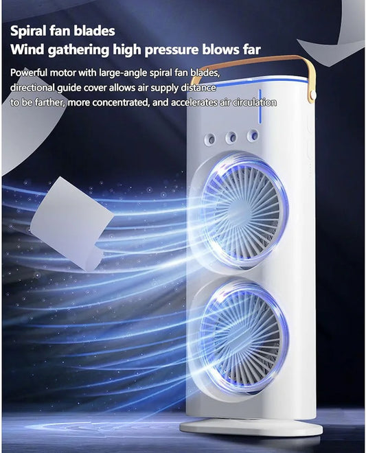 Double-Ended Spray Water Mist Fan – Dual Fan Cooling with 90° Rotation, RGB Lights, and Strong Brushless Motor – USB Powered Desktop Air Cooler | 16 Inches